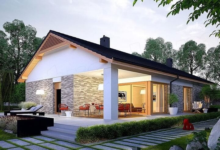 Casa prefabricada de madera 168 de una planta con vigas vistas de Norges Hus