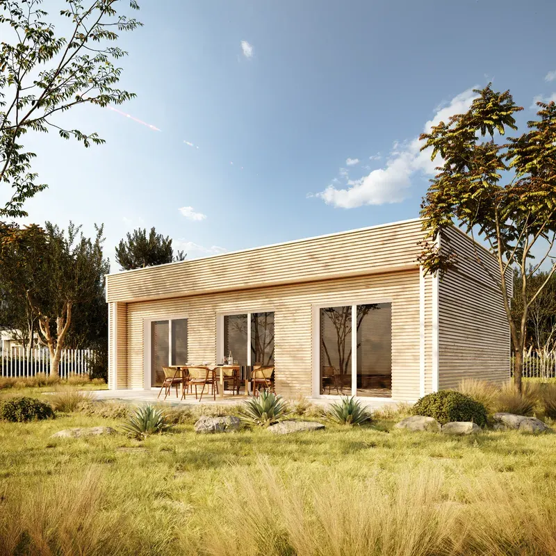 Infografía de la casa prefabricada de madera Bucarest 60 de AM Prefabricadas, de una planta y cubierta plana