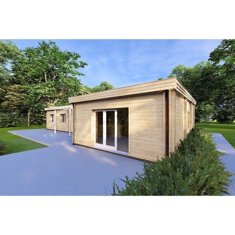 Render de la casa de madera Camelia de Caleba: volumen alargado de cubierta plana con pérgola blanca en la entrada