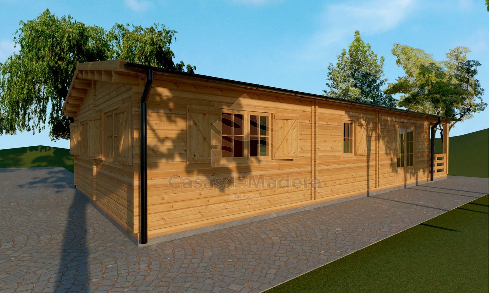 Casa prefabricada de madera modelo Merced con dos porches de Casas de Madera Málaga