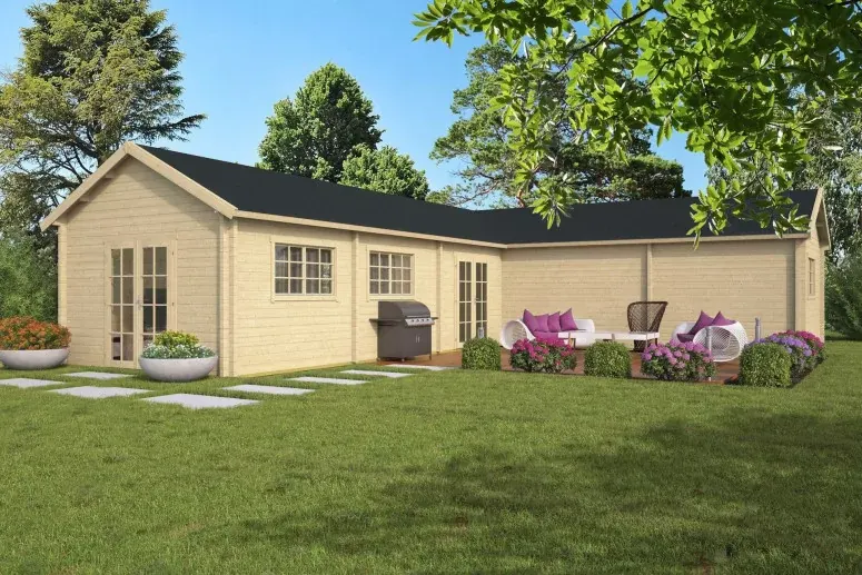 Casa prefabricada de madera en kit en L, modelo Elda de Hobycasa
