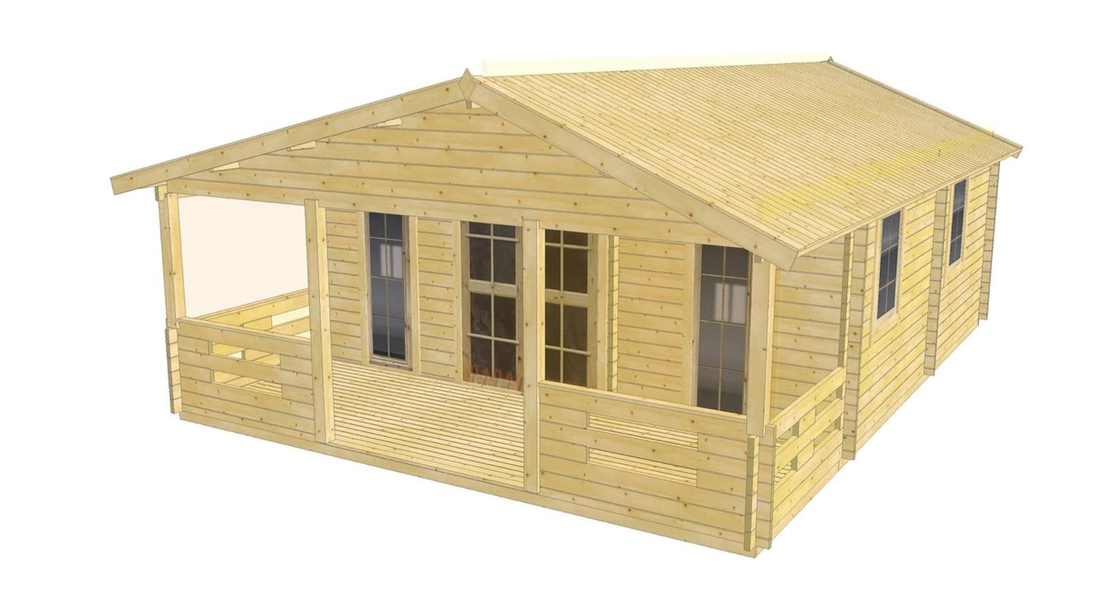 Modelo 3D del bungalow de madera Sils 2, con porche y barandilla de madera en la fachada