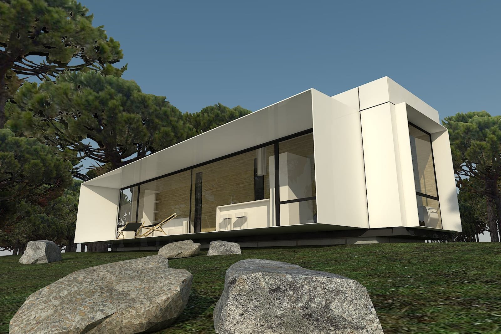 Render de la H-Kub.036: módulo blanco de cubierta plana con el frente acristalado y una terraza de madera