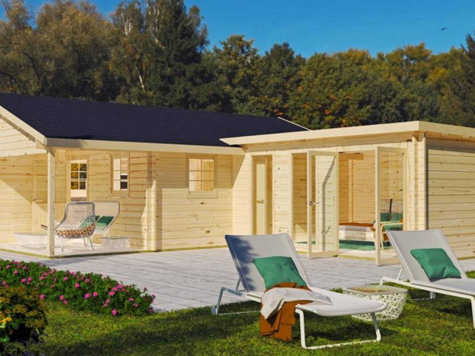 Casa prefabricada de madera en L en kit, modelo Catalunya de Hobycasa
