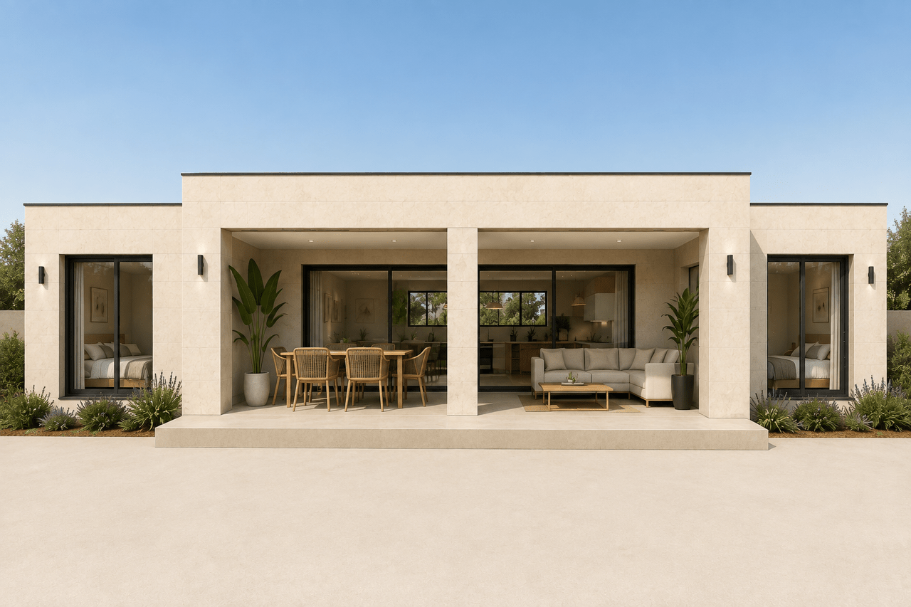 Render de la casa modular H3.6M Recta de Home3, alargada, con porche central y cubierta plana