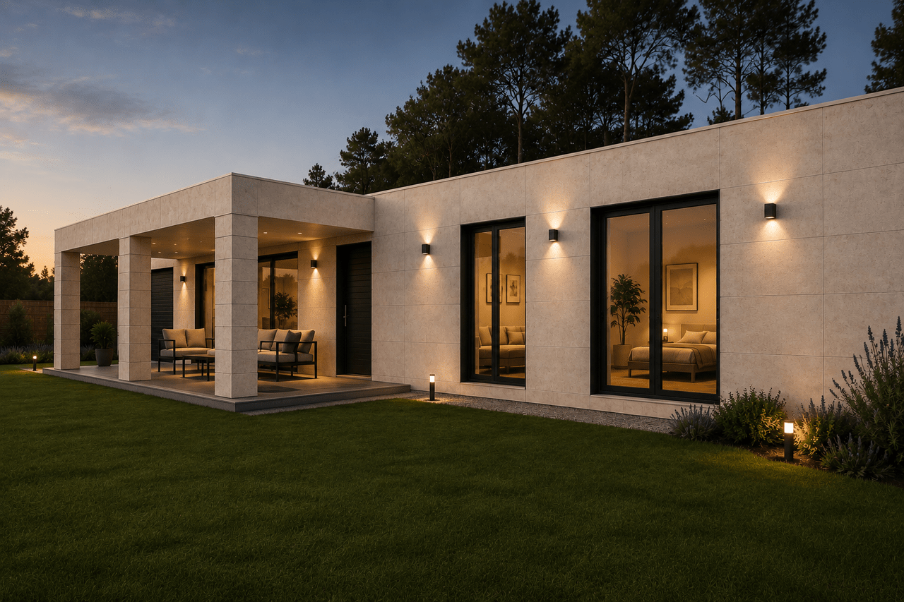 Render de la casa modular H3.7M Recta de Home3, de una planta, con cubierta plana y porche corrido iluminado al anochecer