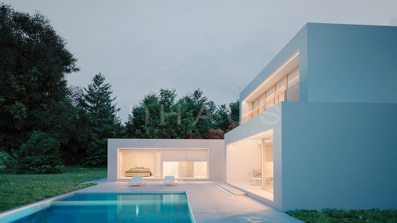 Casa prefabricada de hormigón blanca, modelo Cambrils de inHAUS