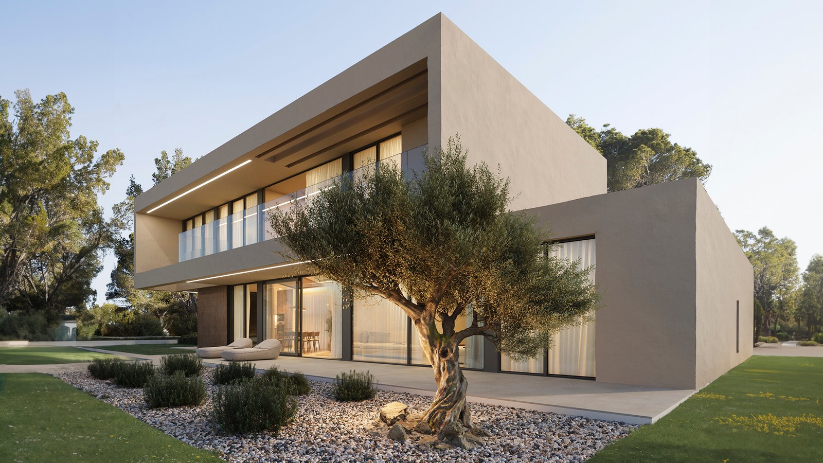 Casa modular de hormigón con doble altura, modelo Masías de inHAUS