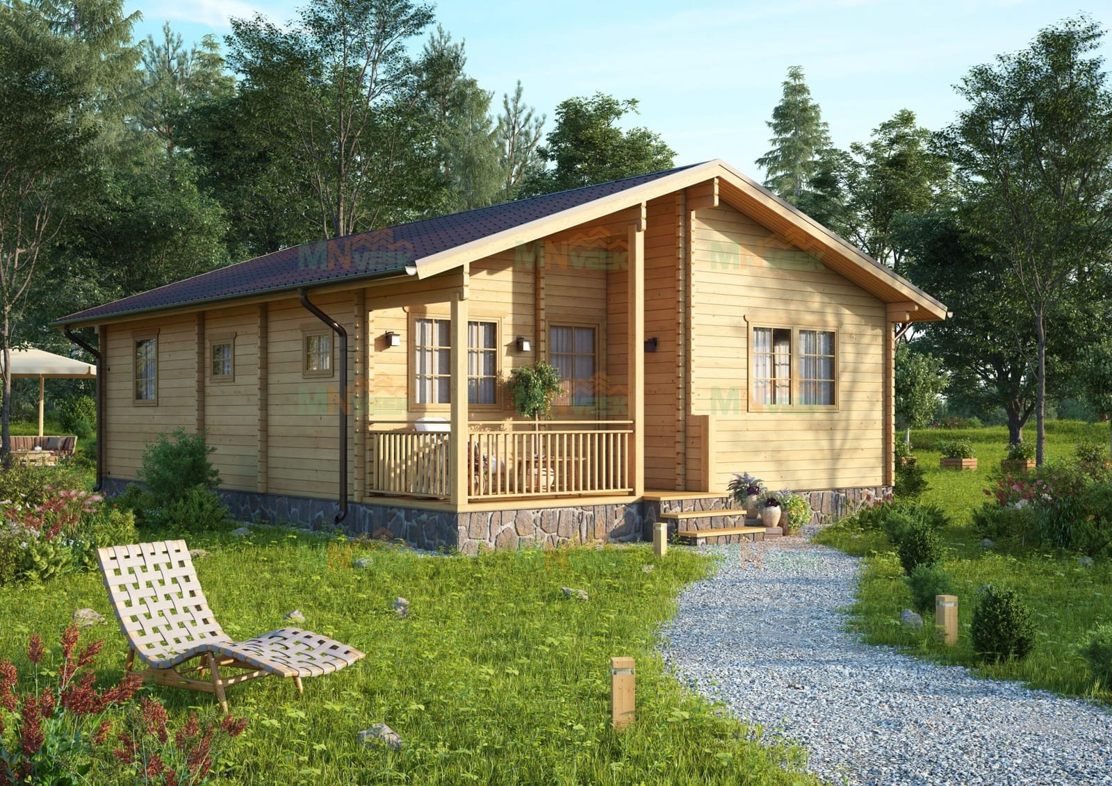 Render de la casa de madera Tordera de MNVEEK, de una planta y tejado a dos aguas, con una terraza con barandilla en la esquina de la entrada