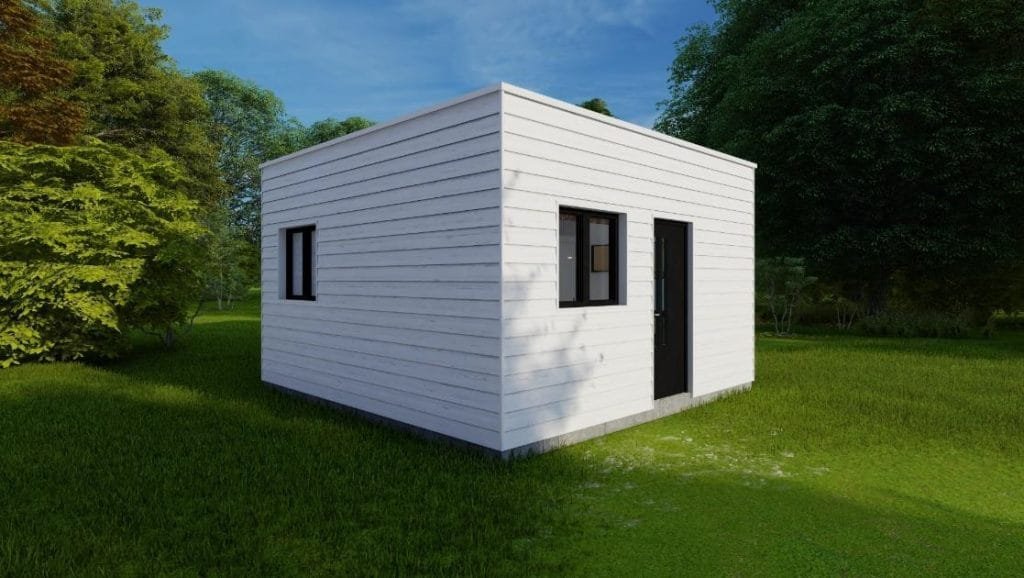 Render de la casa prefabricada de madera Standar 25 de Nebreda Modula: cubo de cubierta plana con fachada blanca de lamas