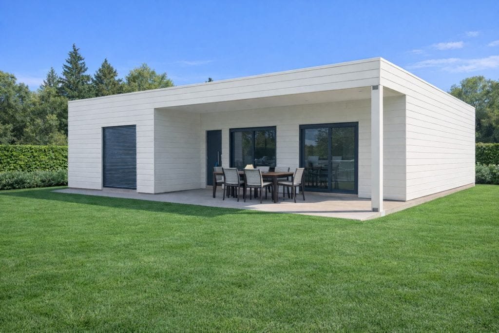 Casa prefabricada de madera Standar 83 de Nebreda Modula: volumen blanco de cubierta plana con porche en esquina y mesa de exterior