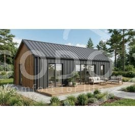 Render de la casa de madera Aira compact MAX 44 de SODO: tejado de chapa negra a dos aguas, fachada de tablas y chapa y tarima delante