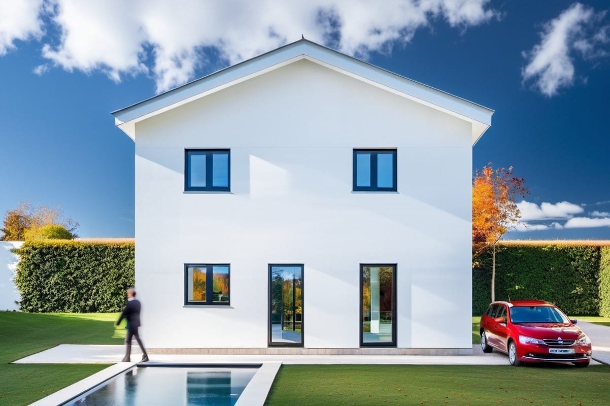 Render de la Segovia 90 de VME: casa blanca de líneas sencillas con tejado a dos aguas, ventanas de marco oscuro y una piscina delante