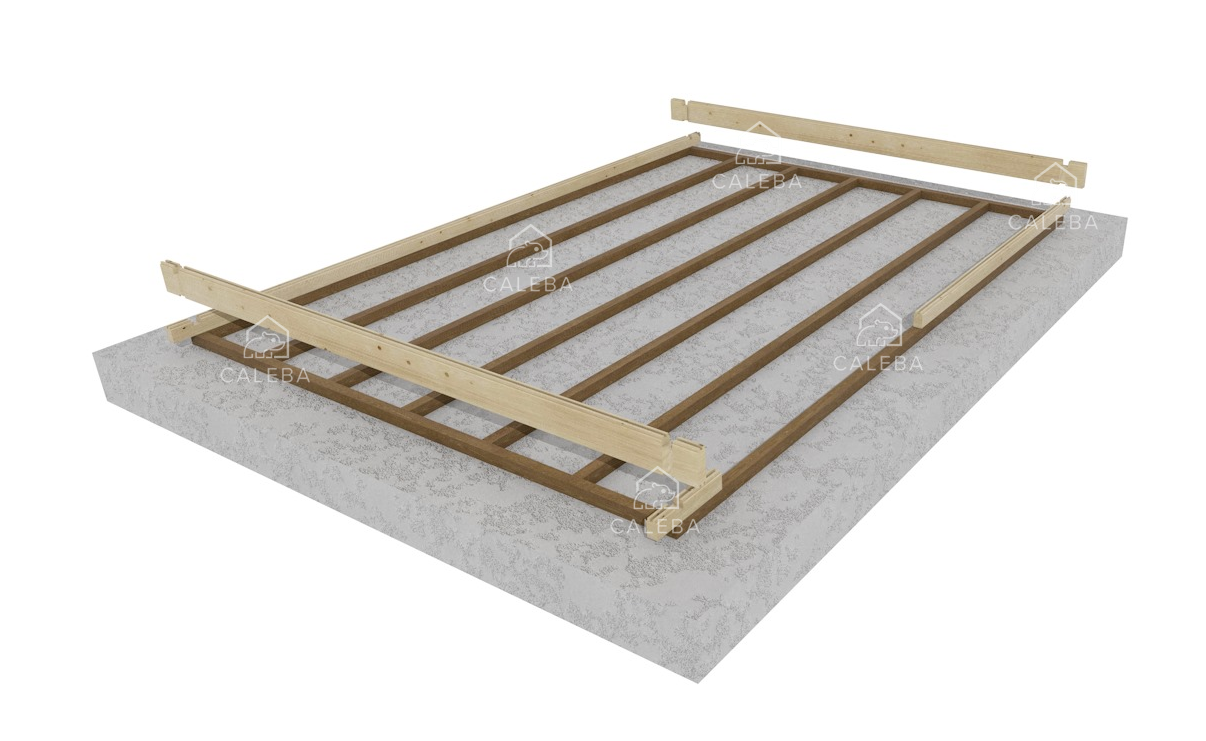 Esquema de la base del sistema: vigas de suelo de madera apoyadas sobre la platea de cimentación.