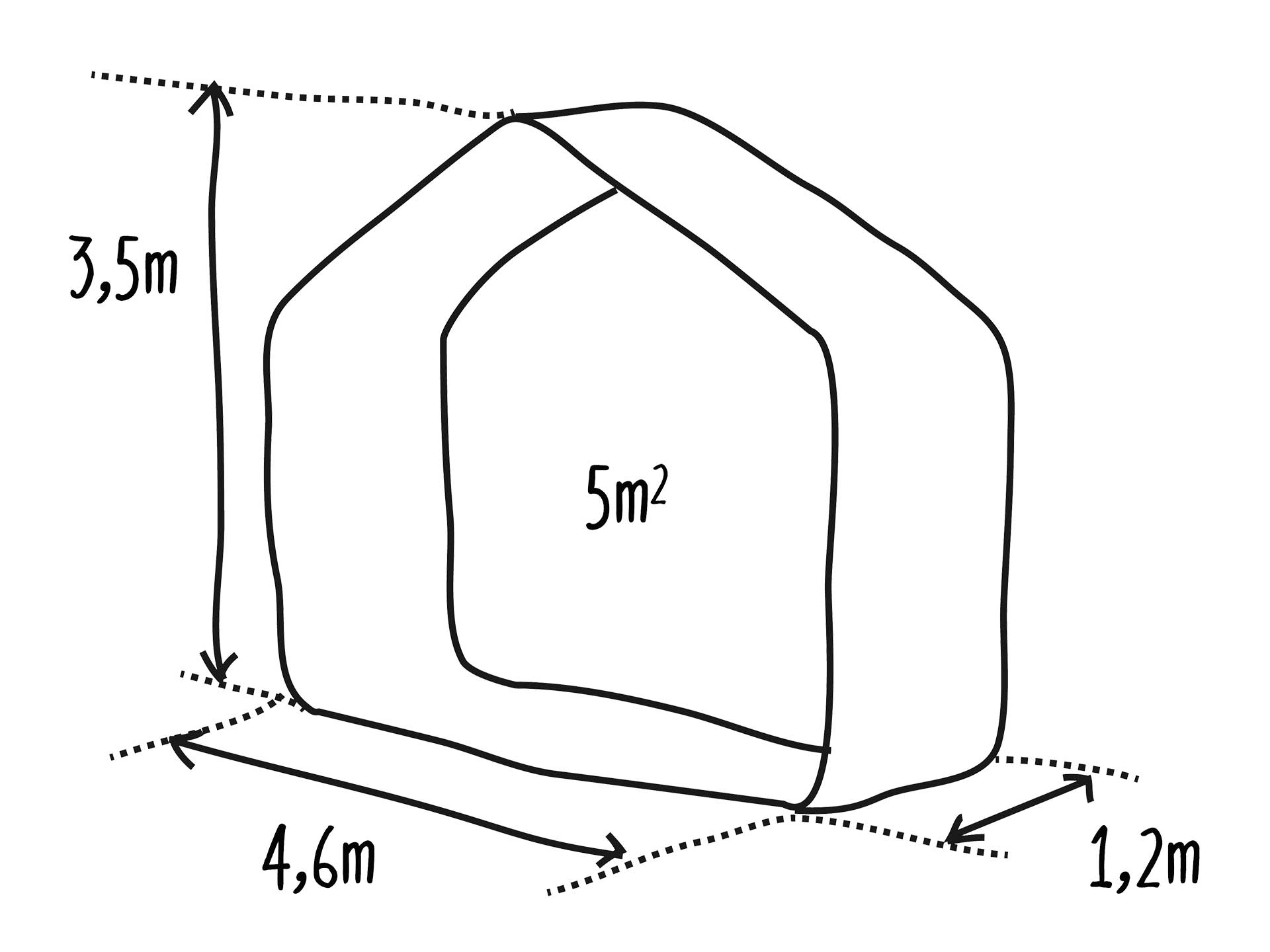 Esquema oficial del segmento: unos 4,6 m de ancho por 1,2 m de fondo y 3,5 m de alto (5 m² por módulo).